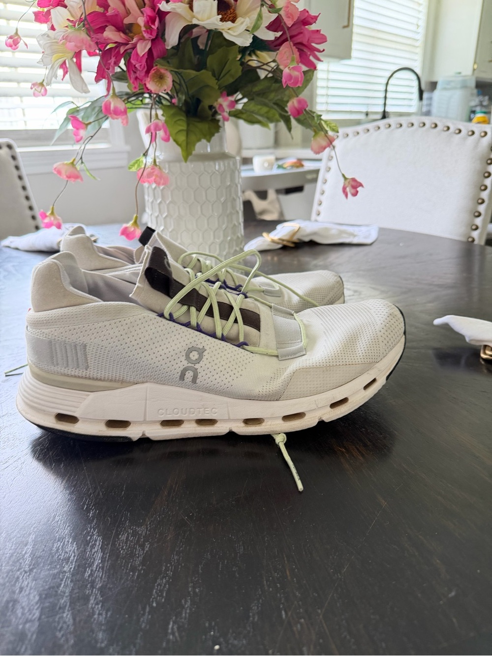 On Running White Sneakers with Light Green Laces